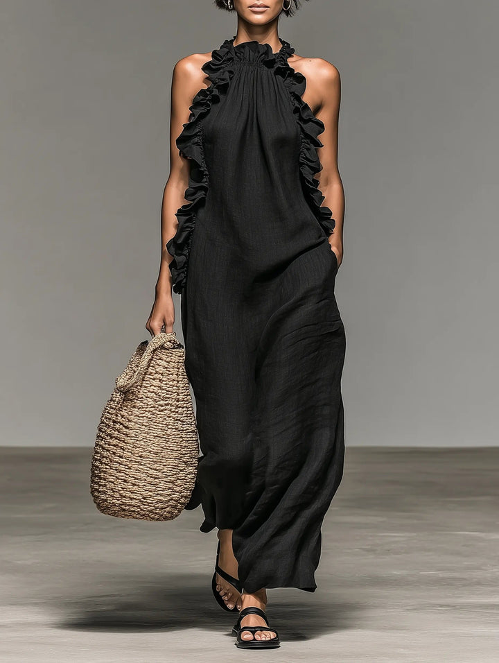 Elegantes Damen Maxikleid ärmellos mit Rüschen, perfekt für Sommer & festliche Anlässe. Luftiges Boho Sommerkleid.