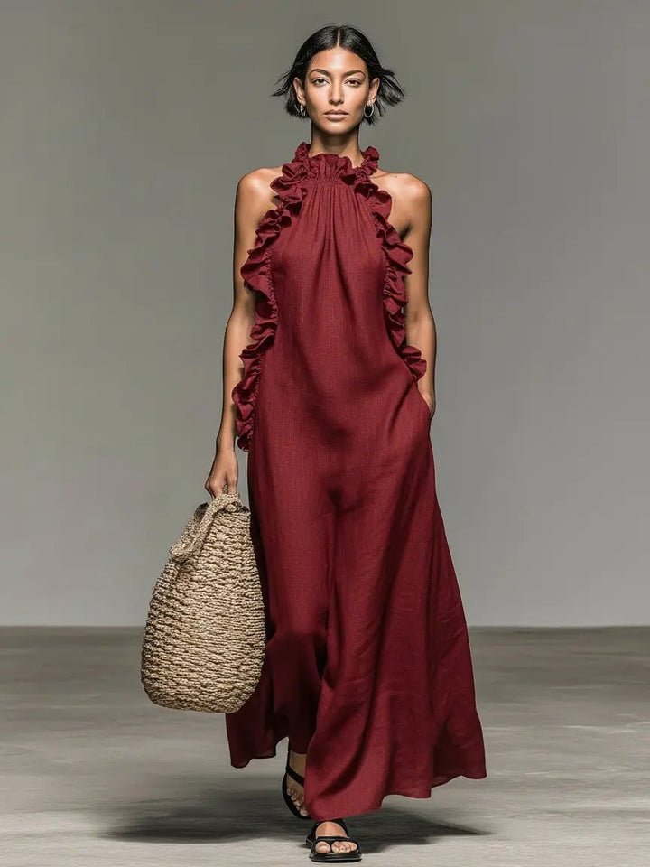 Feminines Sommer-Maxikleid für Damen, ärmellos, mit stilvollen Rüschen. Ideal als festliches Freizeitkleid.