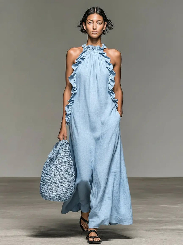 Langes Damen Sommerkleid mit Rüschen, ärmellos & elegant. Perfekt als Freizeitkleid oder festliches Maxikleid.