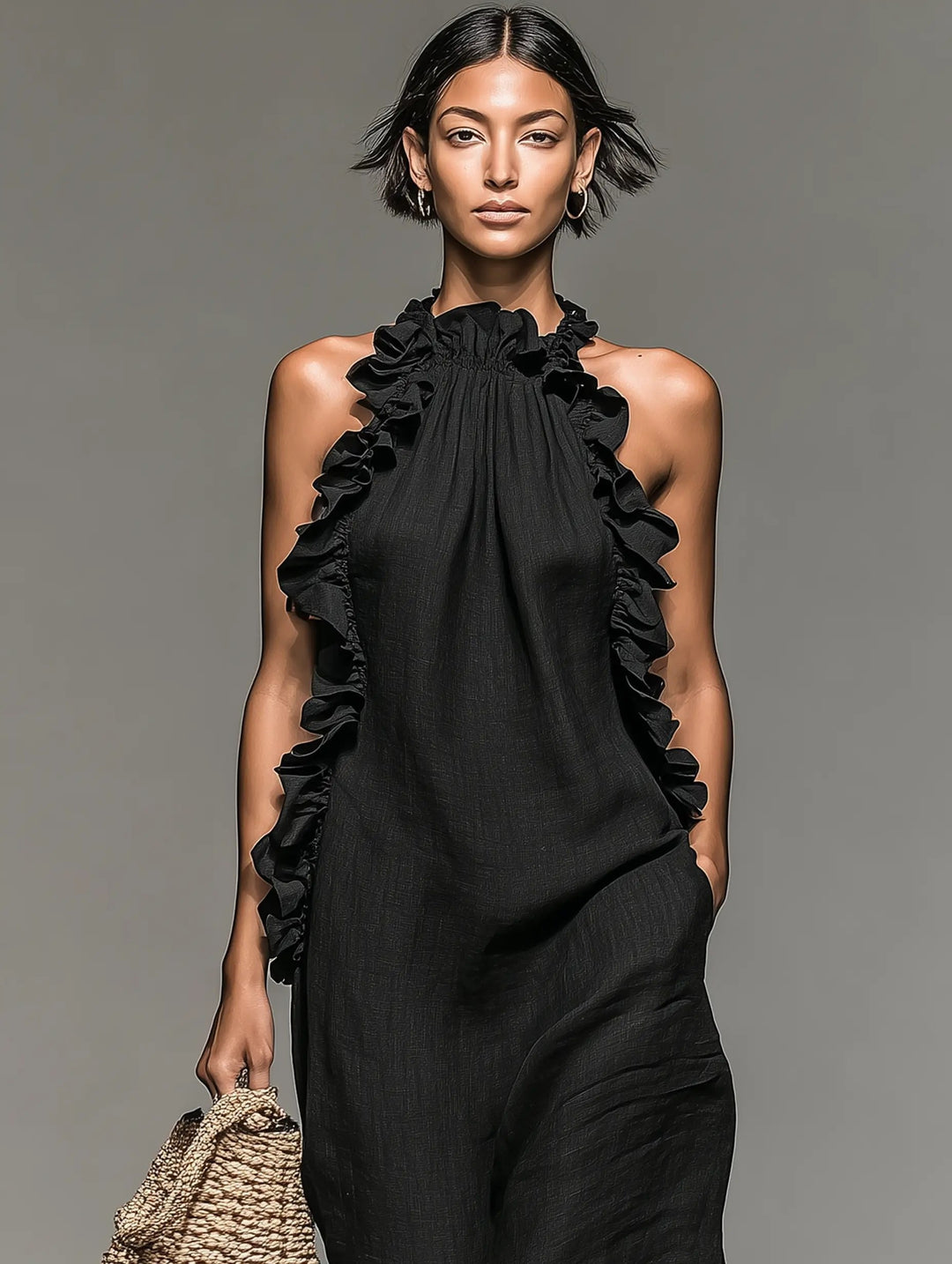 Ärmelloses Damen Maxikleid mit eleganten Rüschen. Vielseitiges Sommerkleid, lang & bequem, auch festlich tragbar.