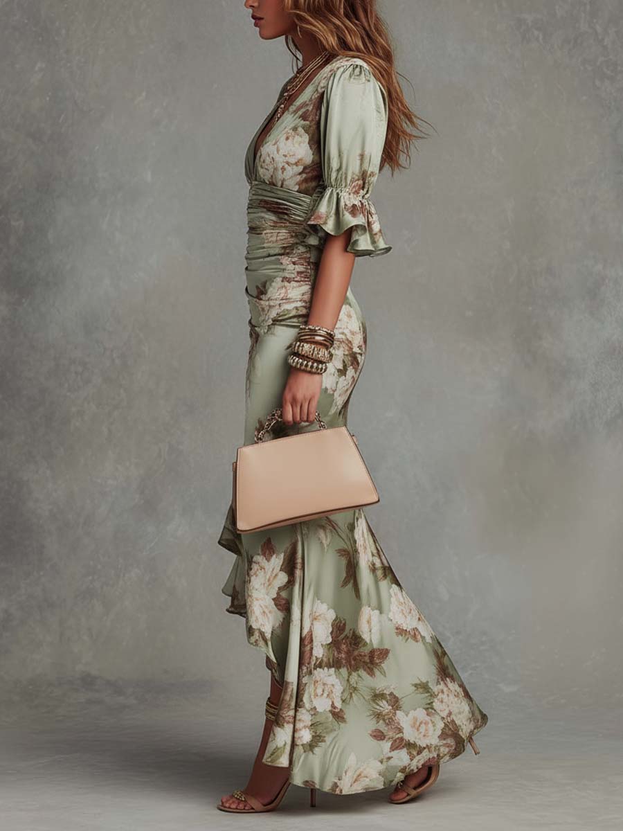 Romantisches langes Damen Herbstkleid mit Blumen, V-Ausschnitt, komfortabel für Hochzeitsgäste & Abendmode.