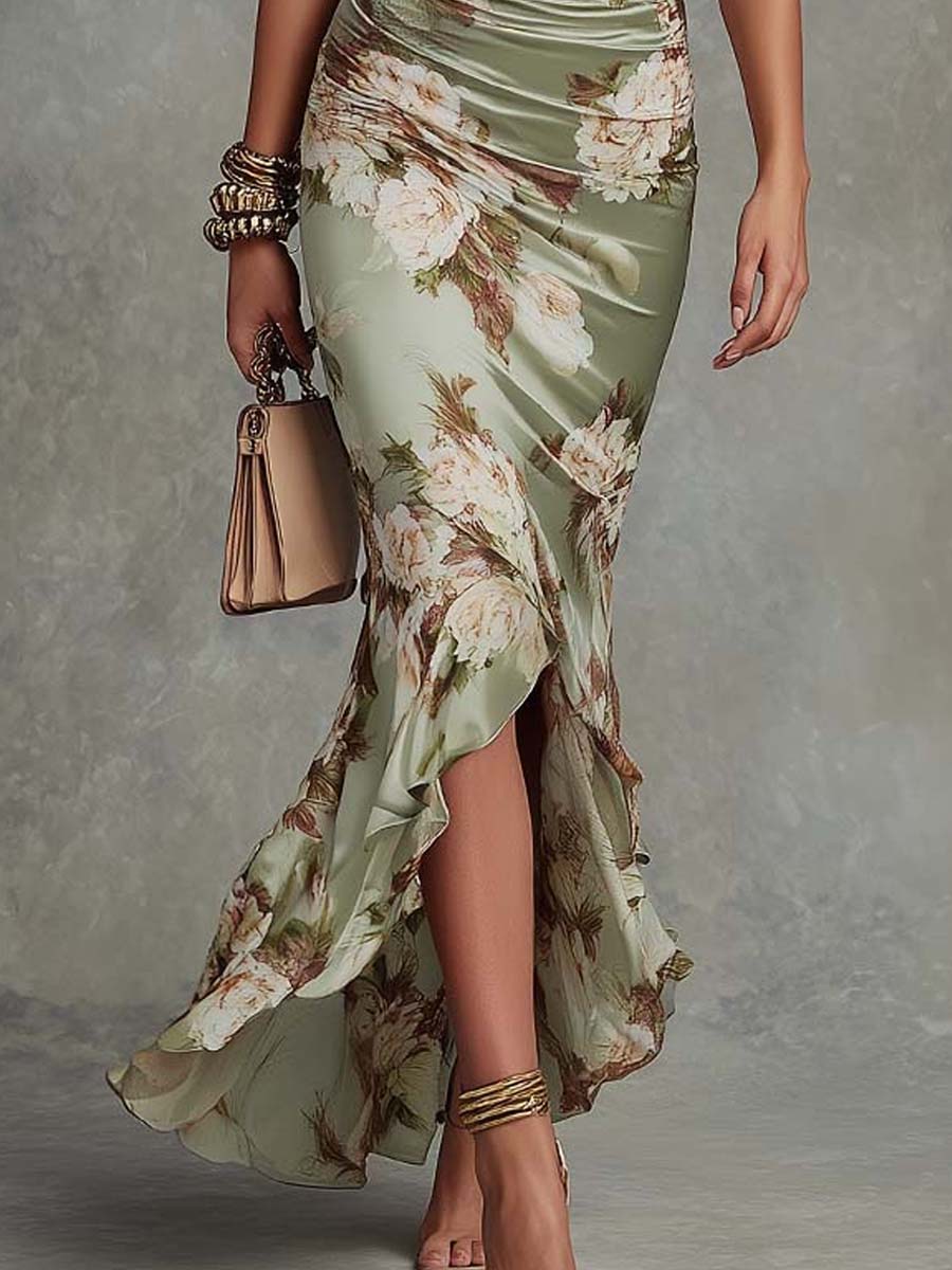 Langes grünes Damen Festkleid mit Blumenmuster, V-Ausschnitt, ideal für Hochzeiten, Herbstfeste & elegante Anlässe.