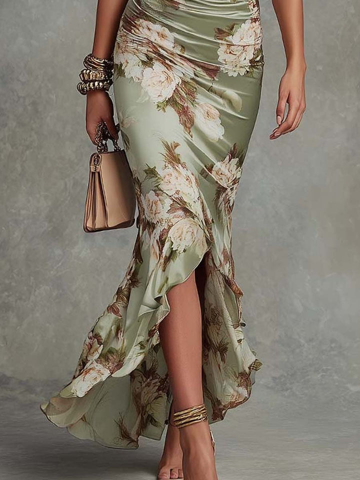 Langes grünes Damen Festkleid mit Blumenmuster, V-Ausschnitt, ideal für Hochzeiten, Herbstfeste & elegante Anlässe.
