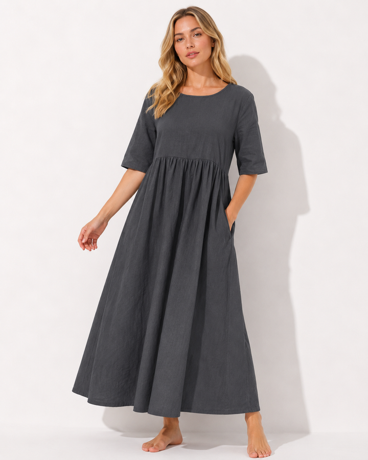 Damen Rundhalskleid mit Taschen, elegant & bequem, ideal für Freizeit & Sommer.