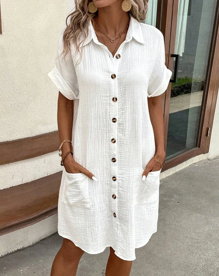 Damen V-Ausschnitt Minikleid, leicht & luftig, perfekt für Sommer und Urlaub. Bequemes Freizeitkleid mit Dreiviertelärmeln.