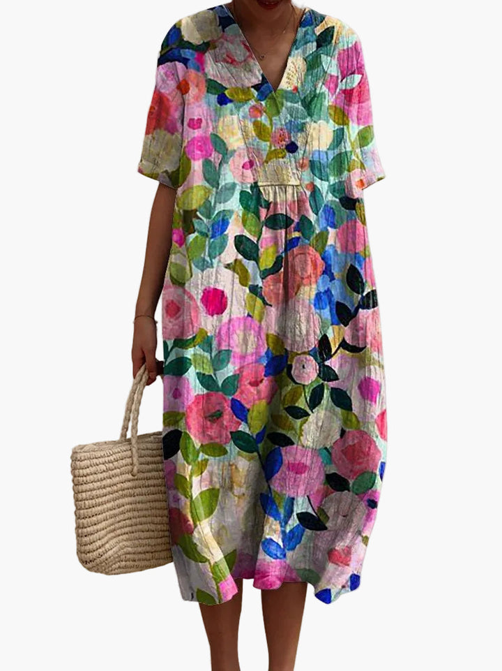 Damen Vintage Blumen Midikleid, locker & luftig, ideal für Sommerurlaub & Freizeit.