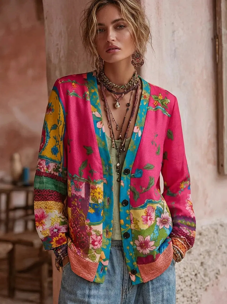 Damen Vintage Strickjacke in Rosa mit elegantem Blumenmuster, Langarm und lockerer Passform für stilvolle Freizeit.