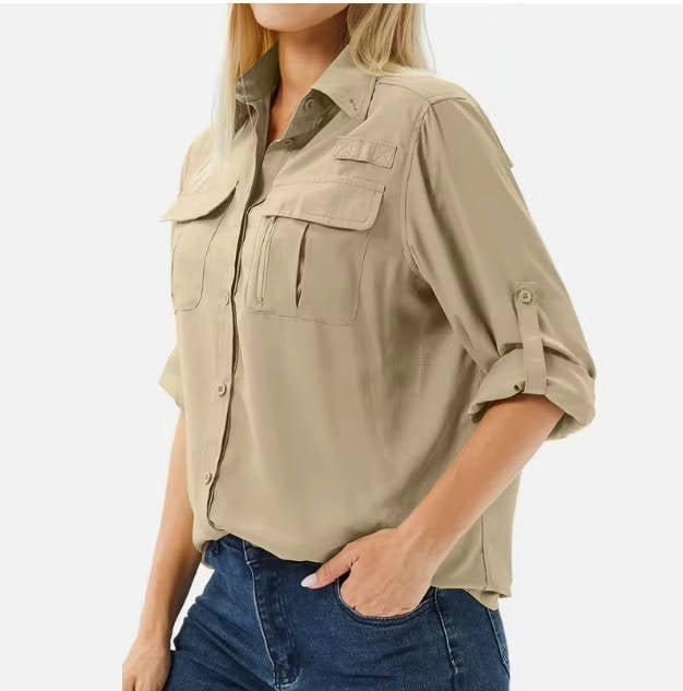 Detailansicht der Rückenbelüftung an der Damen Wanderbluse mit UPF 50 Sonnenschutz.
