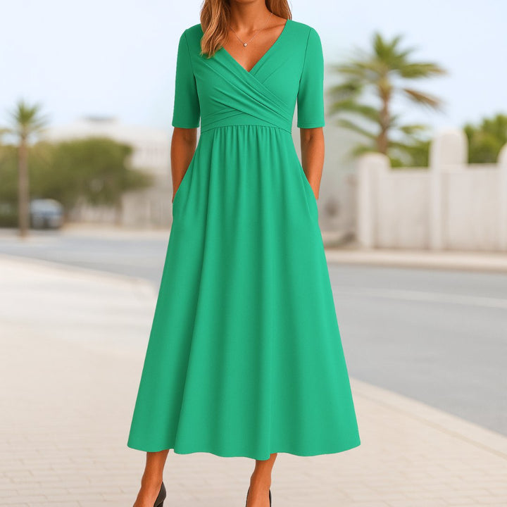 Stilvolles rotes Damen Kurzarm-Wickelkleid in A-Linie, V-Ausschnitt, bequemes Midikleid für jeden Anlass.
