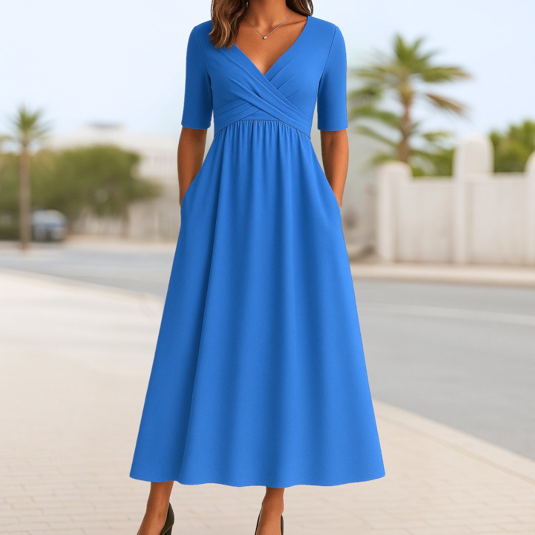 Modernes Damen Wickelkleid A-Linie, V-Ausschnitt, kurze Ärmel, vielseitiges Midi-Sommerkleid für Alltag & Büro.