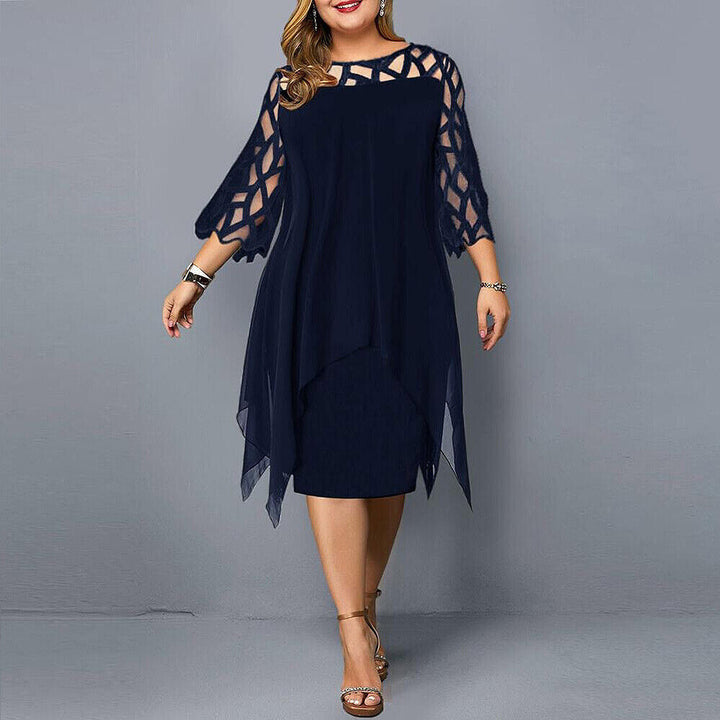 Elegantes Damen Midikleid Übergröße mit zarten Spitzenärmeln und Rundhals. Perfekt für festliche Anlässe.