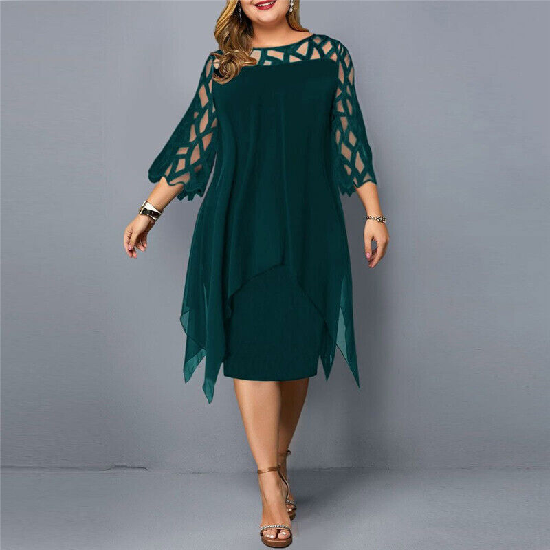 Modernes Übergrößen-Midikleid für Damen mit feinen Spitzenärmeln, perfekt für Cocktailpartys.