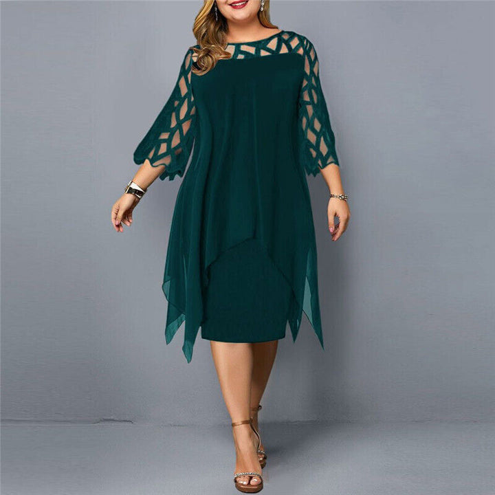 Modernes Übergrößen-Midikleid für Damen mit feinen Spitzenärmeln, perfekt für Cocktailpartys.