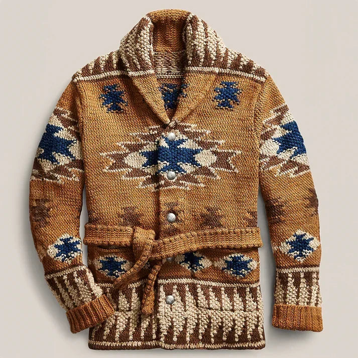 Handgemachte Jacquard-Wollweste für Herren mit detailreichem Vintage-Muster. Perfekt für den eleganten Western-Look.