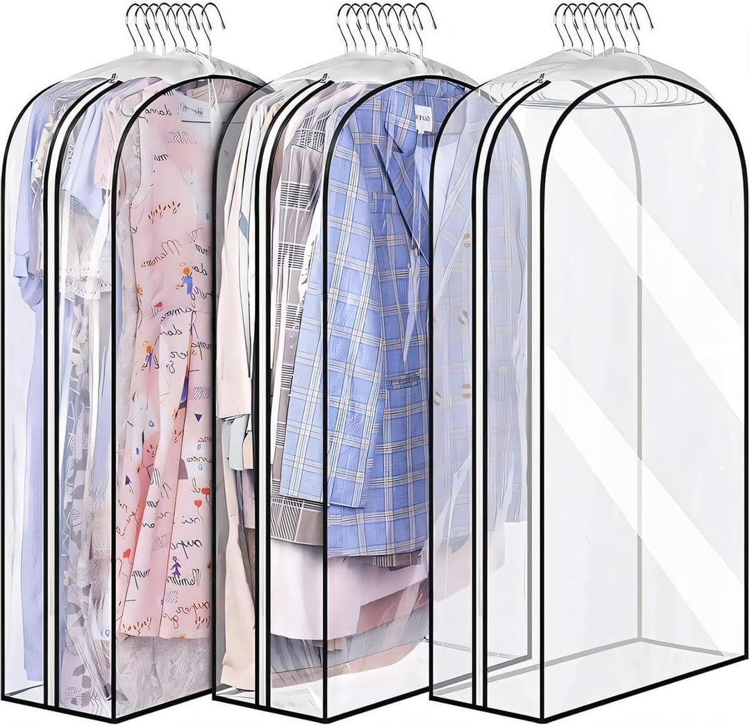 Klare Kleiderschutzhüllen 3er-Pack für staubdichte Aufbewahrung & Garderobenorganisation.