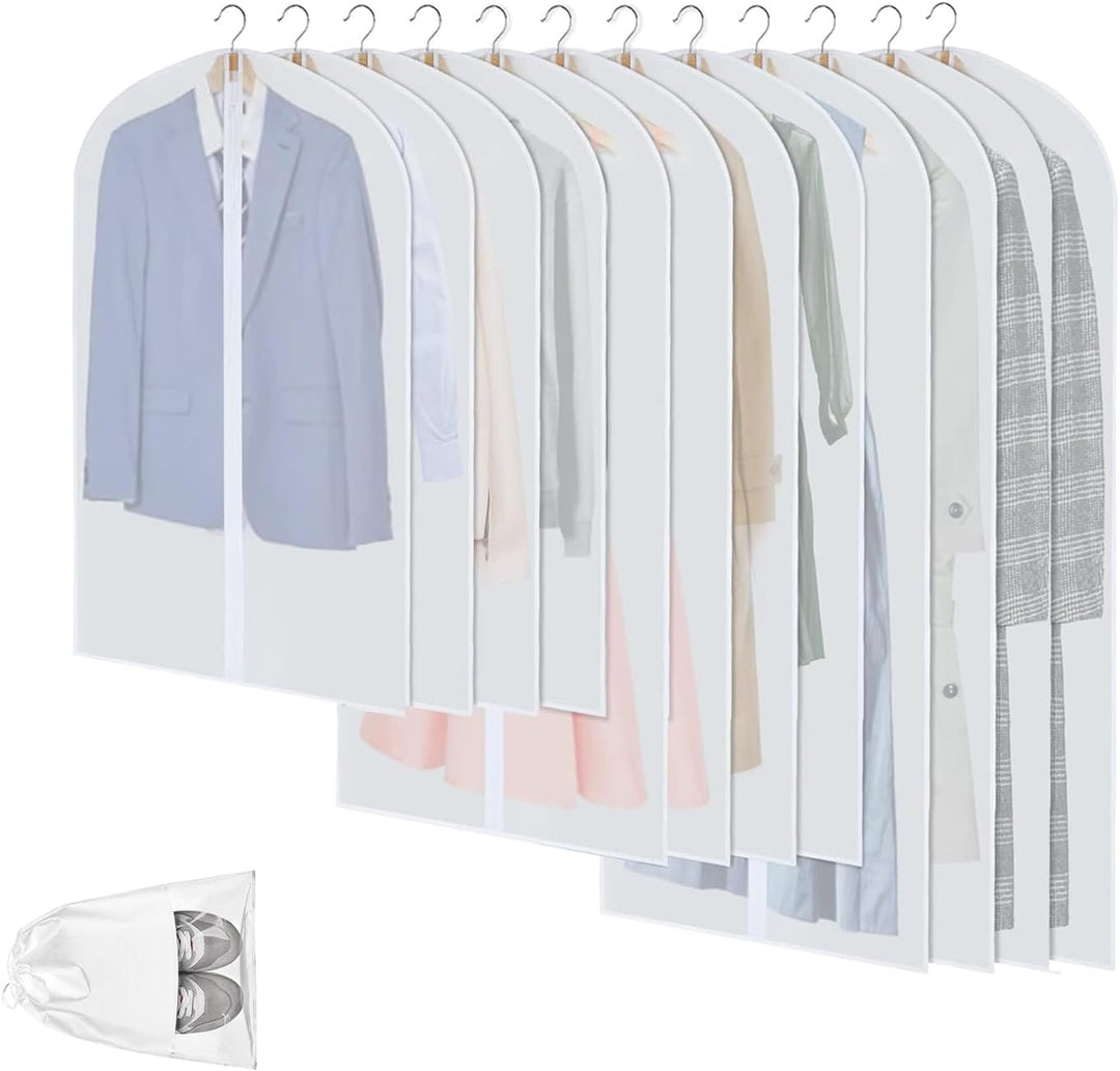Transparente PEVA Kleiderhüllen, 12er-Pack, für staubdichten Garderobenschutz & optimale Schrankorganisation.