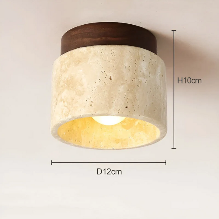 Elegante Deckenleuchte im Wabi Sabi Stil mit Marmor und Holzdetails. Perfekte LED-Beleuchtung für Schlafzimmer.