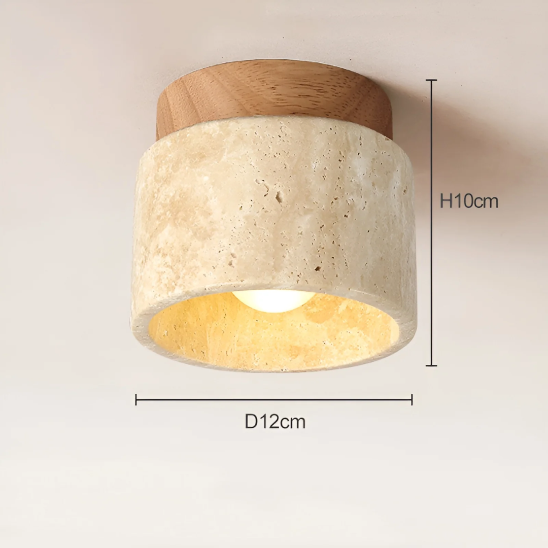 Japanische Wabi Sabi Deckenlampe mit natürlichem Marmor und Holz. Stilvolle LED-Beleuchtung für Wohnzimmer.