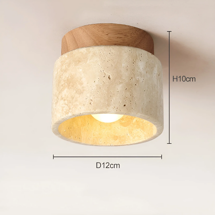 Japanische Wabi Sabi Deckenlampe mit natürlichem Marmor und Holz. Stilvolle LED-Beleuchtung für Wohnzimmer.