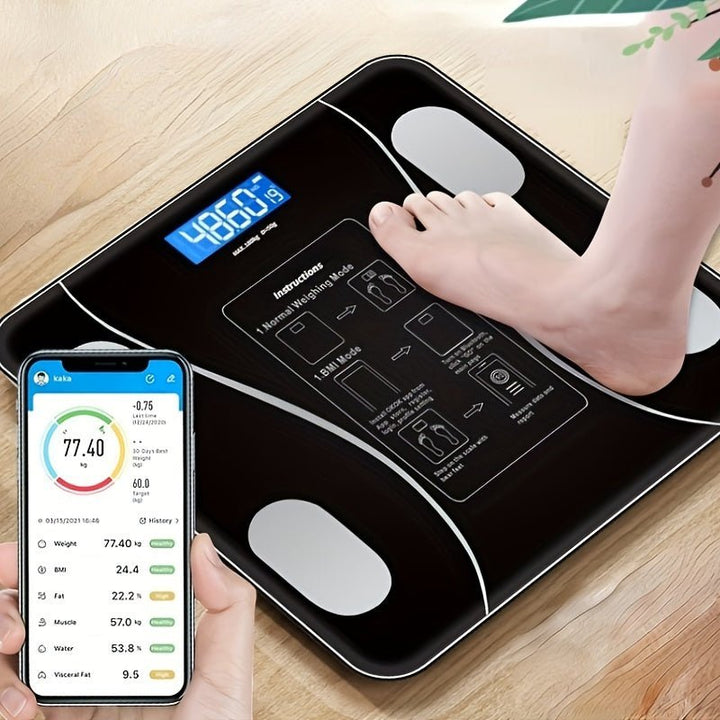 Elegante intelligente Körperanalysewaage, schwarz, zur präzisen Gewichtskontrolle und Fitness-Analyse via App.