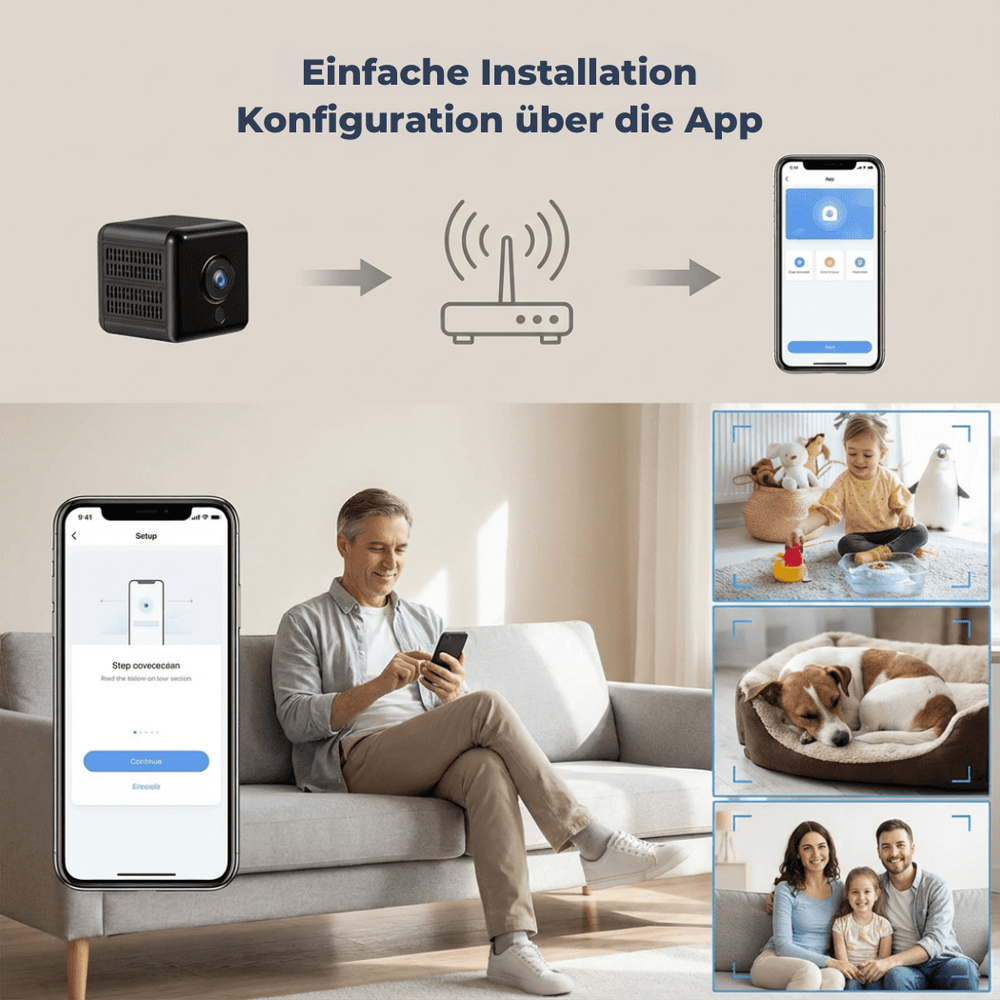 Mini HD-Überwachungskamera, kabellos und smart, ideal für Innen- und Außenbereich.