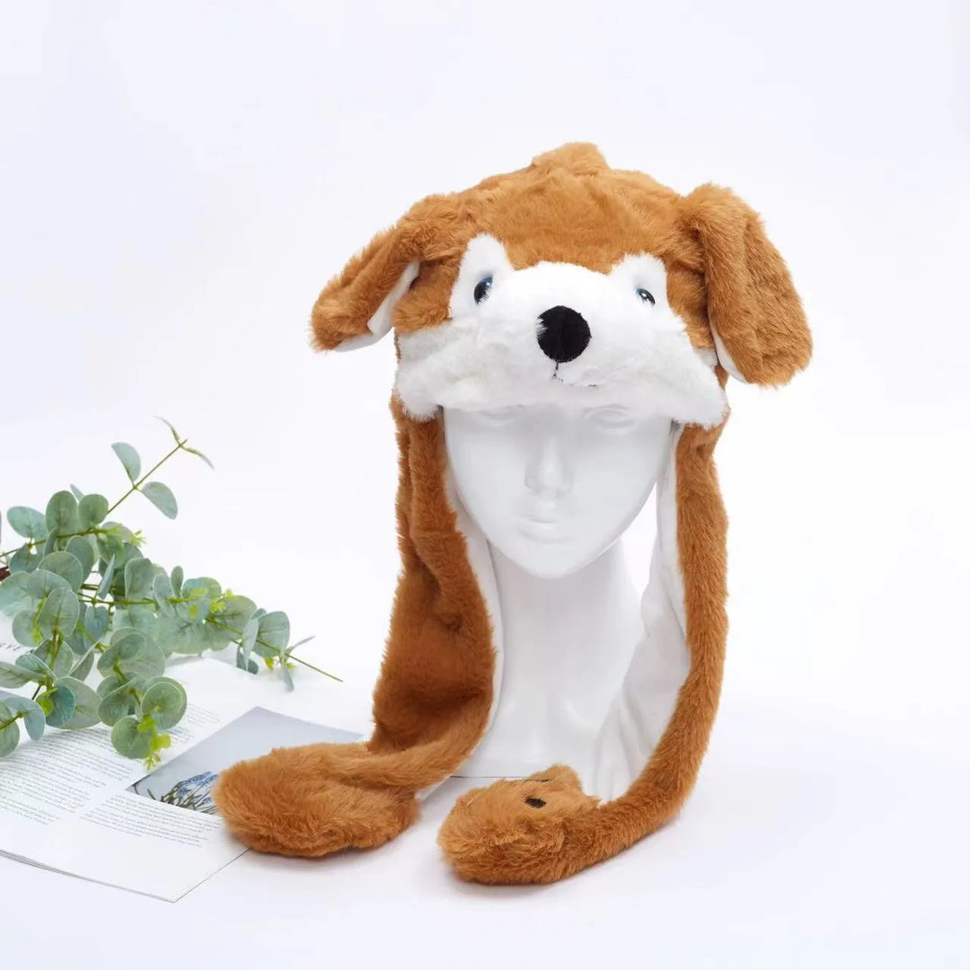 Flauschige Plüschmütze in Weiß mit interaktiven, hochstehenden Ohren, für Spaß & Lachen.