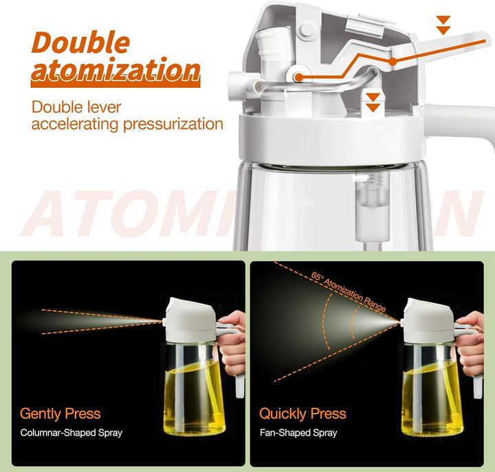 Modernes Design: 2-in-1 Ölspray Glasflasche, ideal zum Kochen, Grillen & für Salate. Praktischer Ölspender.