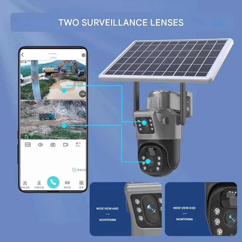 Kabellose 4K Aussenkamera mit Solarpanel, montiert und bereit für die Überwachung Ihres Bereichs.