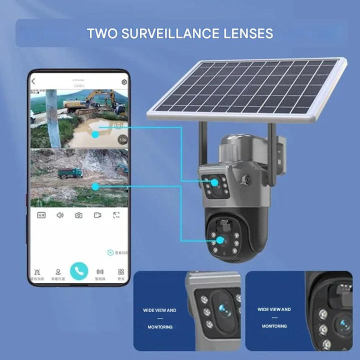 Kabellose 4K Aussenkamera mit Solarpanel, montiert und bereit für die Überwachung Ihres Bereichs.