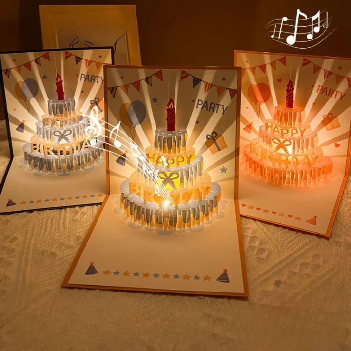 Detaillierte 3D Pop-up Geburtstagskarte, die beim Öffnen eine festliche Szene mit Musik & LED zeigt.