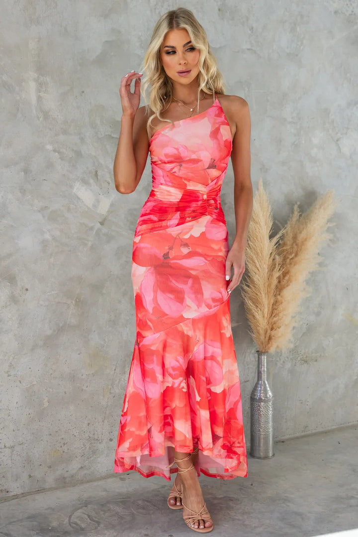 Festliches Damen One-Shoulder Blumenkleid mit fließendem Rock, ideal für Hochzeiten und Partys.