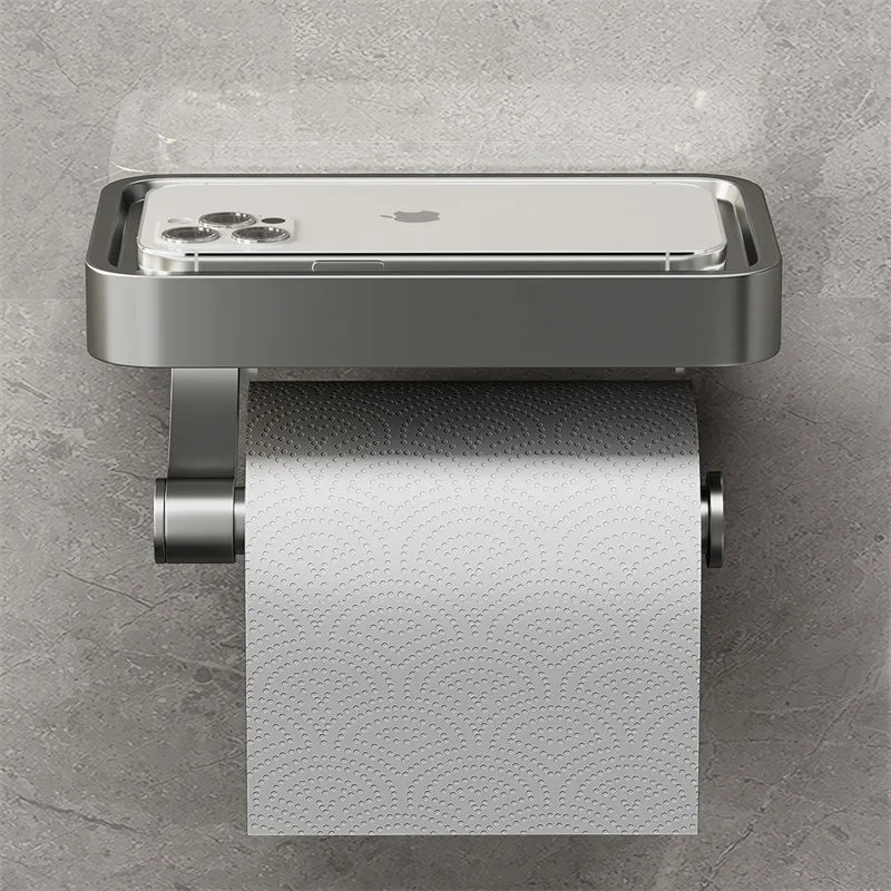Stilvoller Toilettenpapierhalter mit Ablage, ideal für Handy oder Deko. Optimale Organisation im Bad.