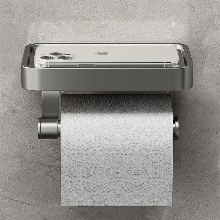 Stilvoller Toilettenpapierhalter mit Ablage, ideal für Handy oder Deko. Optimale Organisation im Bad.