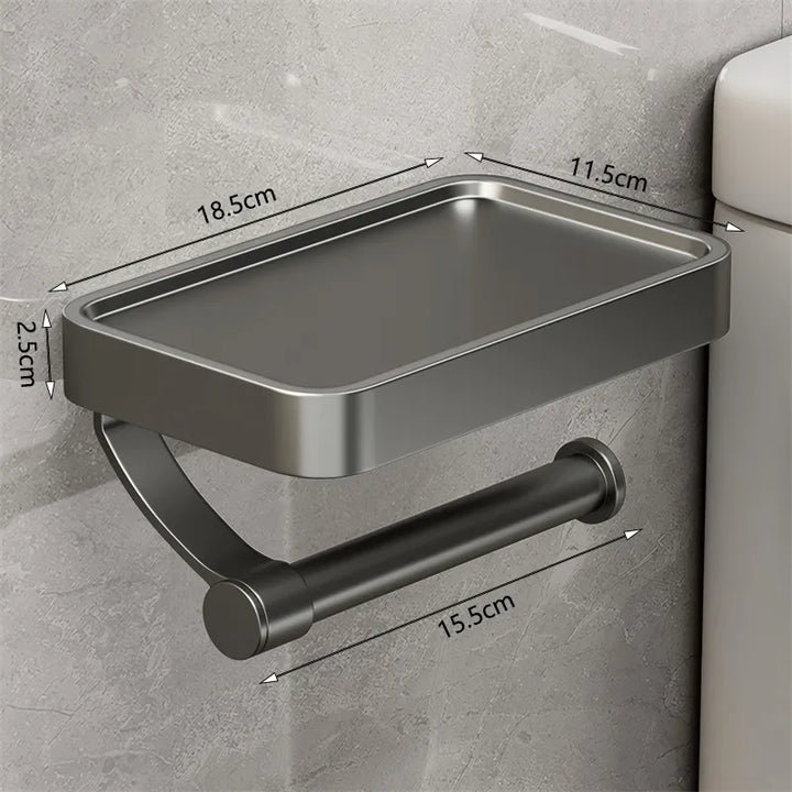 Moderner WC-Rollenhalter mit integrierter Ablage. Praktische Organisation für Ihr Badezimmer aus Edelstahl.