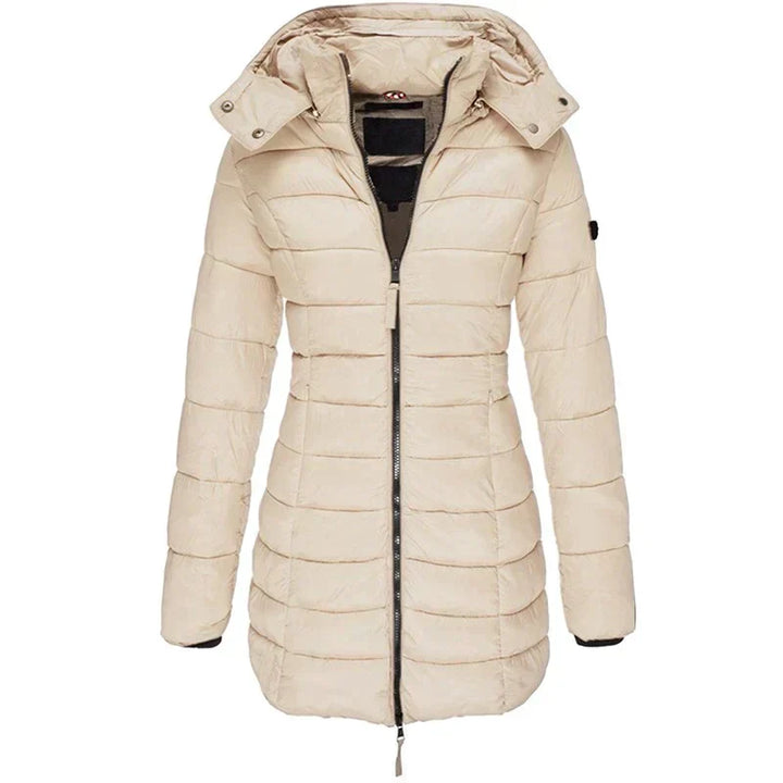 Modische Damen Winterjacke mit Kapuze, Puffer-Design, hält warm und trocken bei Kälte.
