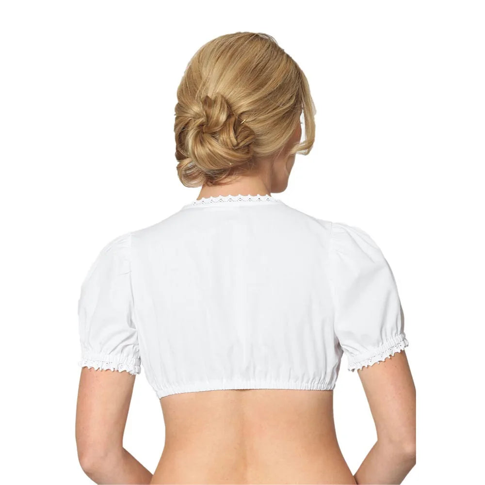 Elegante Damen Dirndlbluse in Weiß, kurz geschnitten. Perfekt für Oktoberfest, Frühling & bayerische Feste.