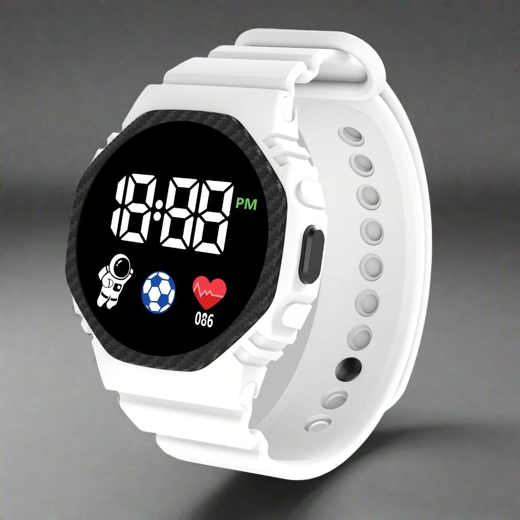 Stylische Unisex Kinder Sportuhr mit robustem Gehäuse und leuchtendem LED-Screen.
