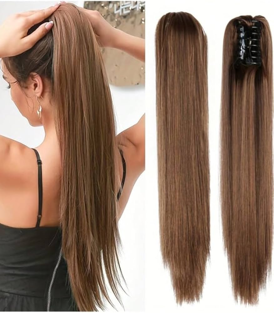 Braune Clip-in Pferdeschwanz Haarverlängerung 55cm, fügt schnell natürliche Länge hinzu.