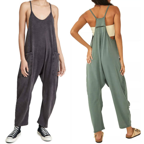Vintage Harajuku Damen Jumpsuit. Lässiger Oversized Sommer-Overall mit weitem Bein & Spaghettiträgern.
