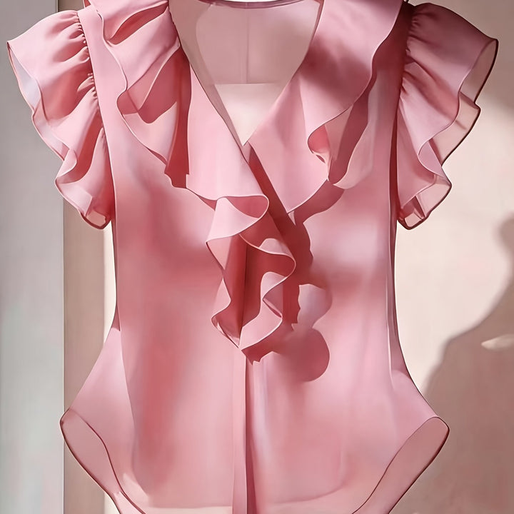 Business-Casual Damenbluse mit V-Ausschnitt, Rüschen & Volantärmeln, schwarzes Modell.