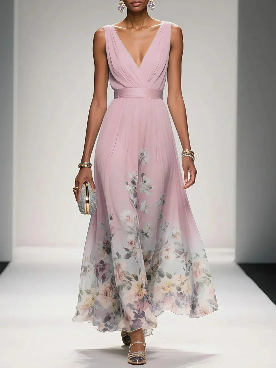 Damen Maxikleid mit floralem Muster, elegant schwingend. Perfekt als Freizeitkleid oder schickes Urlaubskleid.