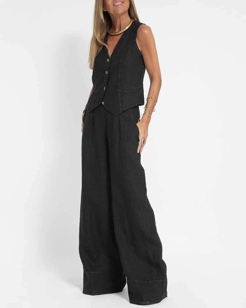 Modisches Damen Herbst Zweiteiler Set: ärmellose Weste & weite Hose, ein Must-have für die Saison.