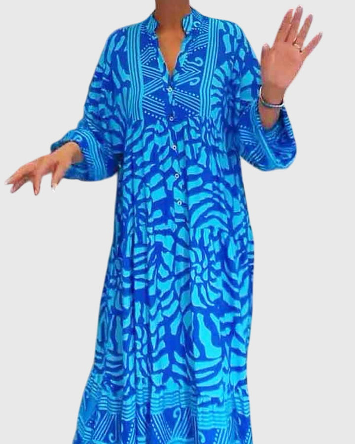 Bequemes Damen Maxikleid in großen Größen, mit V-Ausschnitt, farbenfrohem Print, luftig für den Sommer.