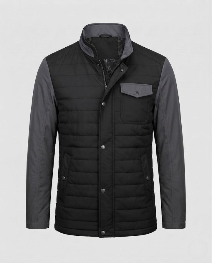 Robuste Herren Steppjacke mit Stehkragen und Kontrastärmeln. Perfekte Freizeitjacke für Herbst, Winter, Alltag.