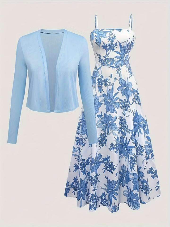 Damen Midikleid Set mit Blumenmuster & Cardigan für Frühling/Sommer; elegantes Zweiteiler Freizeitkleid.