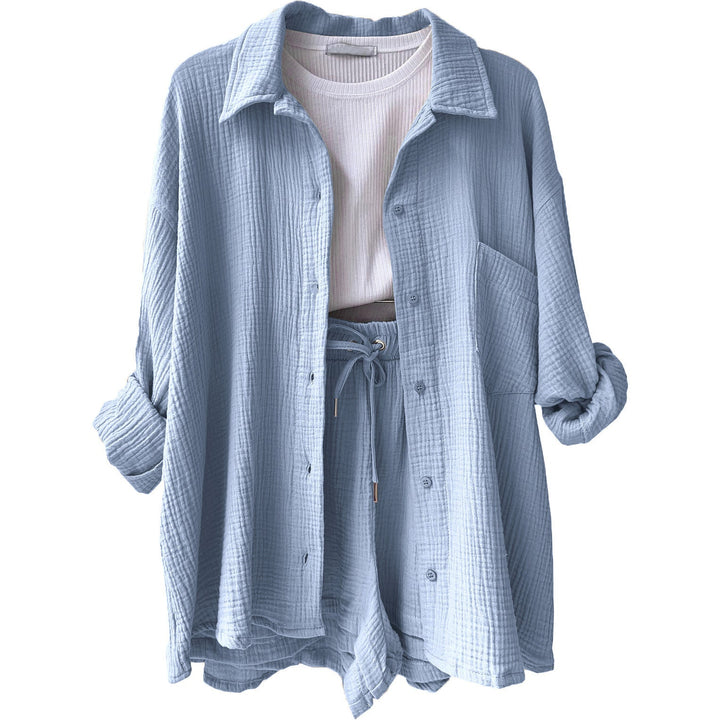 Damen Lamias Freizeitsset: Trendiges Hemd, Crop-Top & Shorts für den ultimativen Sommerlook.