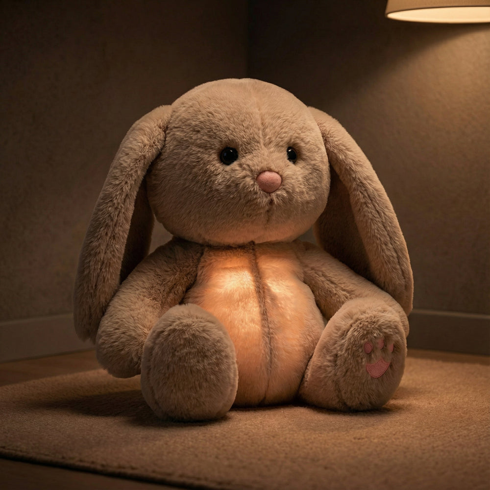Süßes Kaninchen Kuscheltier mit sanfter Atemfunktion & Nachtlicht. Fördert Entspannung bei Kindern.