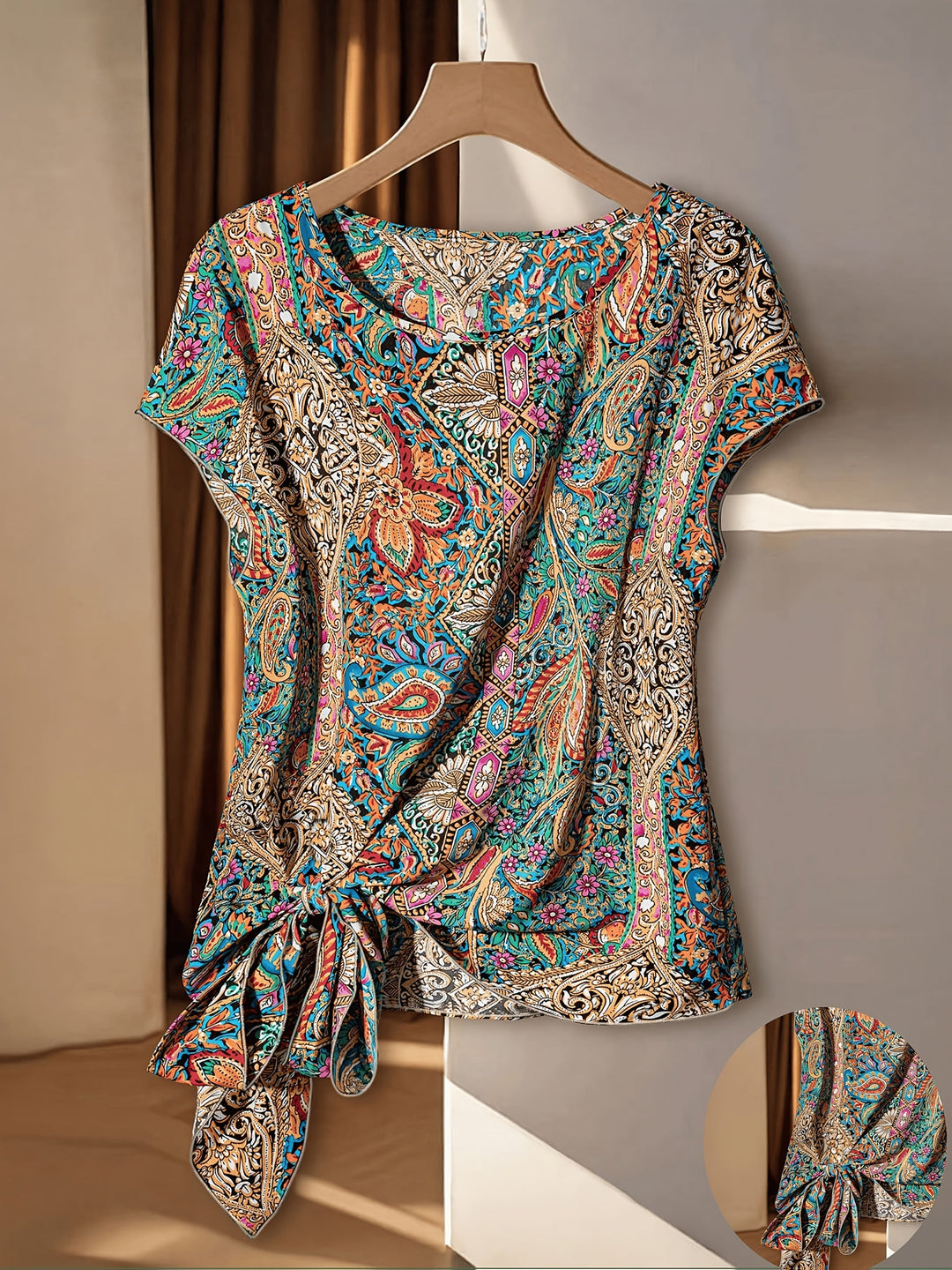 Damen Boho Bluse mit asymmetrischem Knoten, lässig für Sommer & Frühling.