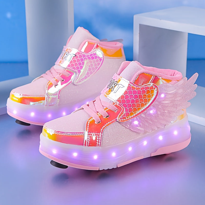 Kinder Rollschuh-Sneaker mit versteckten Rollen & LED-Lichtern, Flügeldesign, für vielseitigen Outdoor-Spaß.
