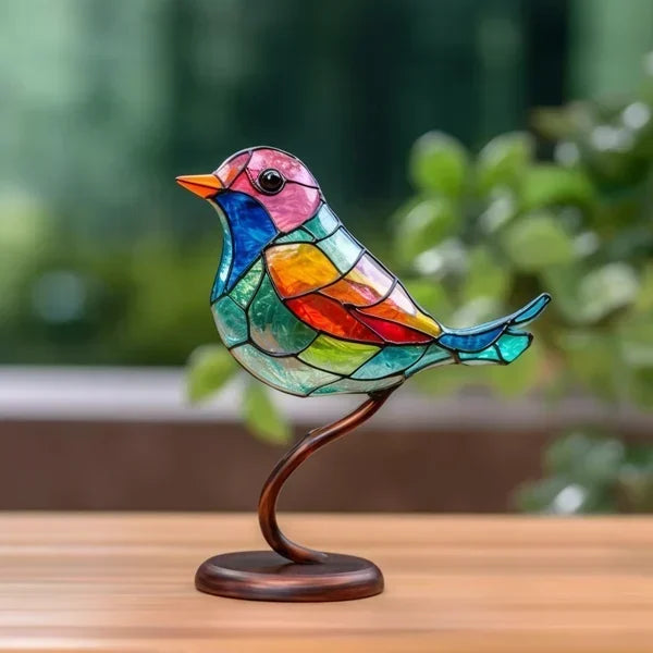 Bunte Acryl Deko-Vögel, modernes Kunstobjekt in Glasoptik, ideal für schickes Interieur und Wohndeko.